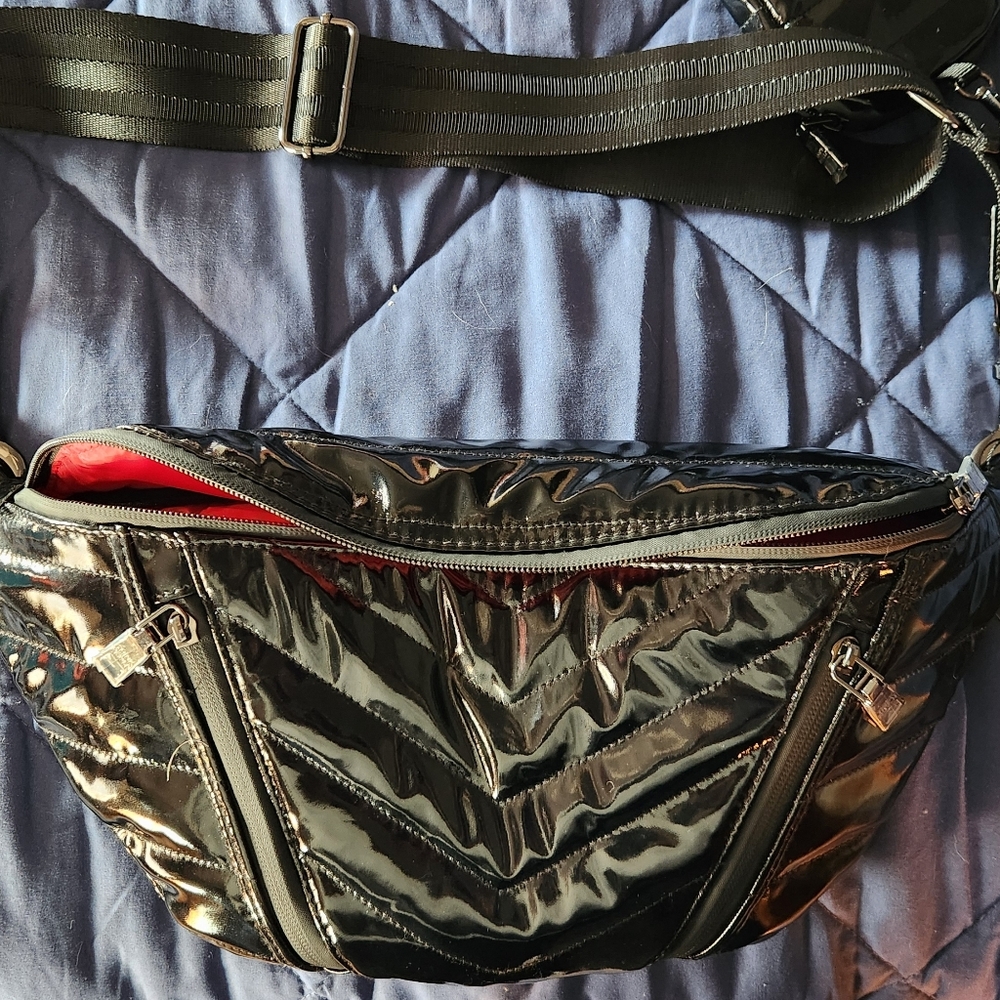 THINK ROYLN Sister Swing Patent Black Crossbody Bag with Red Lining